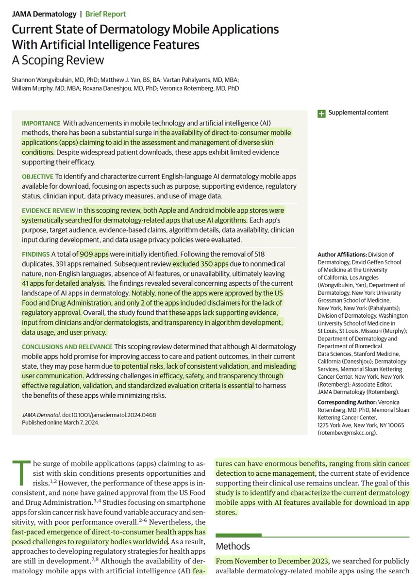 Eric Topol (@erictopol) on Twitter photo A new review of >40 #AI smartphone DTC apps for skin conditions and cancer detection highlights lack of FDA approval, validation, misleading user communication and potential for harm
jamanetwork.com/journals/jamad… by <a href="/wshannon_w/">Shannon Wongvibulsin</a> <a href="/Dr_vron/">Veronica Rotemberg, MD PhD</a> <a href="/RoxanaDaneshjou/">Roxana Daneshjou MD/PhD</a> and colleagues <a href="/JAMADerm/">JAMA Dermatology</a> A new review of >40 #AI smartphone DTC apps for skin conditions and cancer detection highlights lack of FDA approval, validation, misleading user communication and potential for harm
jamanetwork.com/journals/jamad… by <a href="/wshannon_w/">Shannon Wongvibulsin</a> <a href="/Dr_vron/">Veronica Rotemberg, MD PhD</a> <a href="/RoxanaDaneshjou/">Roxana Daneshjou MD/PhD</a> and colleagues <a href="/JAMADerm/">JAMA Dermatology</a>