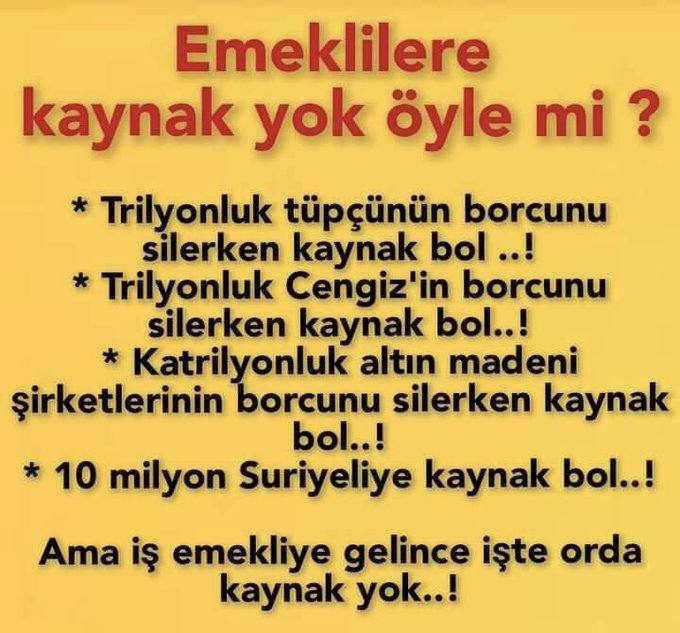 Bugün 7 Mart Bizim hakkımızı kimler yedi?
#SeçiminKaderiEmeklidenGeçer 

#12BinSeyyanenKırmızıÇizgimiz

#CumhuraOyVerilmeyecek

#SeçiminKaderiEmeklide

<a href="/RTErdogan/">Recep Tayyip Erdoğan</a> 
<a href="/Akparti/">AK Parti</a>
<a href="/MHP_Bilgi/">MHP</a>
<a href="/RTErdogan/">Recep Tayyip Erdoğan</a>
<a href="/isikhanvedat/">Prof. Dr. Vedat Işıkhan</a>
<a href="/memetsimsek/">Mehmet Simsek</a>
<a href="/murat_kurum/">Murat KURUM</a> 
<a href="/turgutaltinok06/">Turgut Altınok 🇹🇷</a>