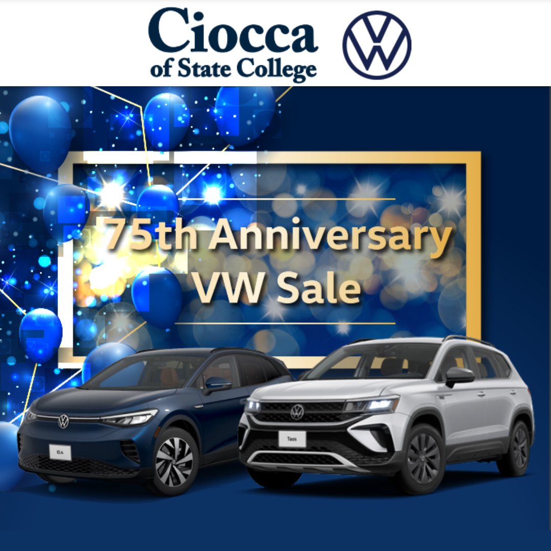 CioccaVWsc's tweet photo. The 75th Anniversary Sale is going on at Ciocca Volkswagen of State College!

Check out our full inventory: https://t.co/r7MWbLDyzm

#cioccaonsocial #volkswagen #vw #statecollege https://t.co/ah1AD5kMjK