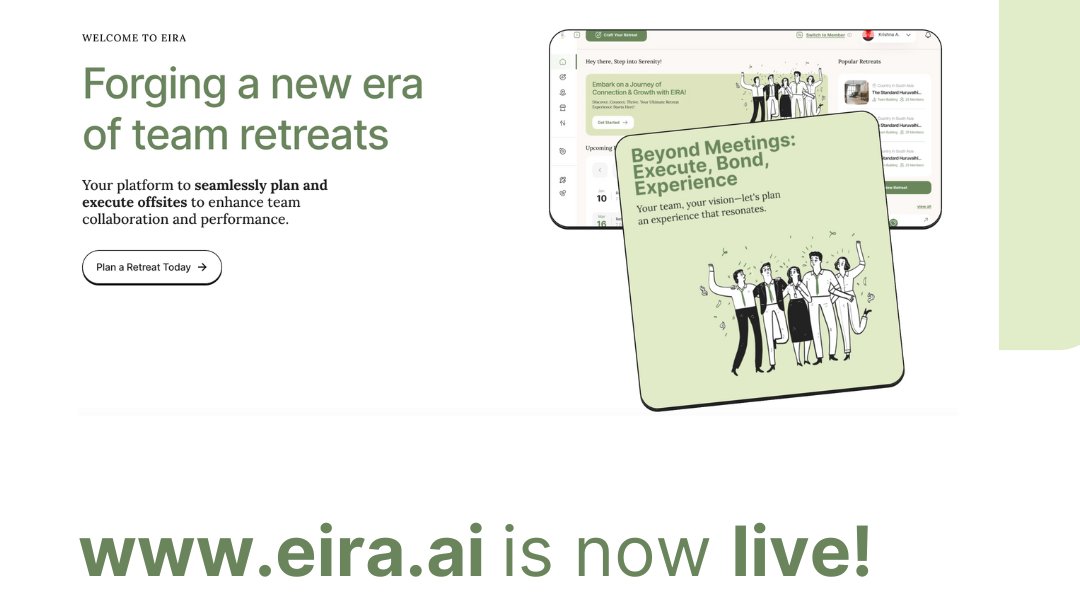 🚀 Exciting news! Our website eira.ai is now LIVE! 
Discover more about EIRA and how we're revolutionizing the future of company retreats 🏖️ at eira.ai. Check it out! #EIRA #WebsiteLaunch #CompanyRetreats 🌐✨