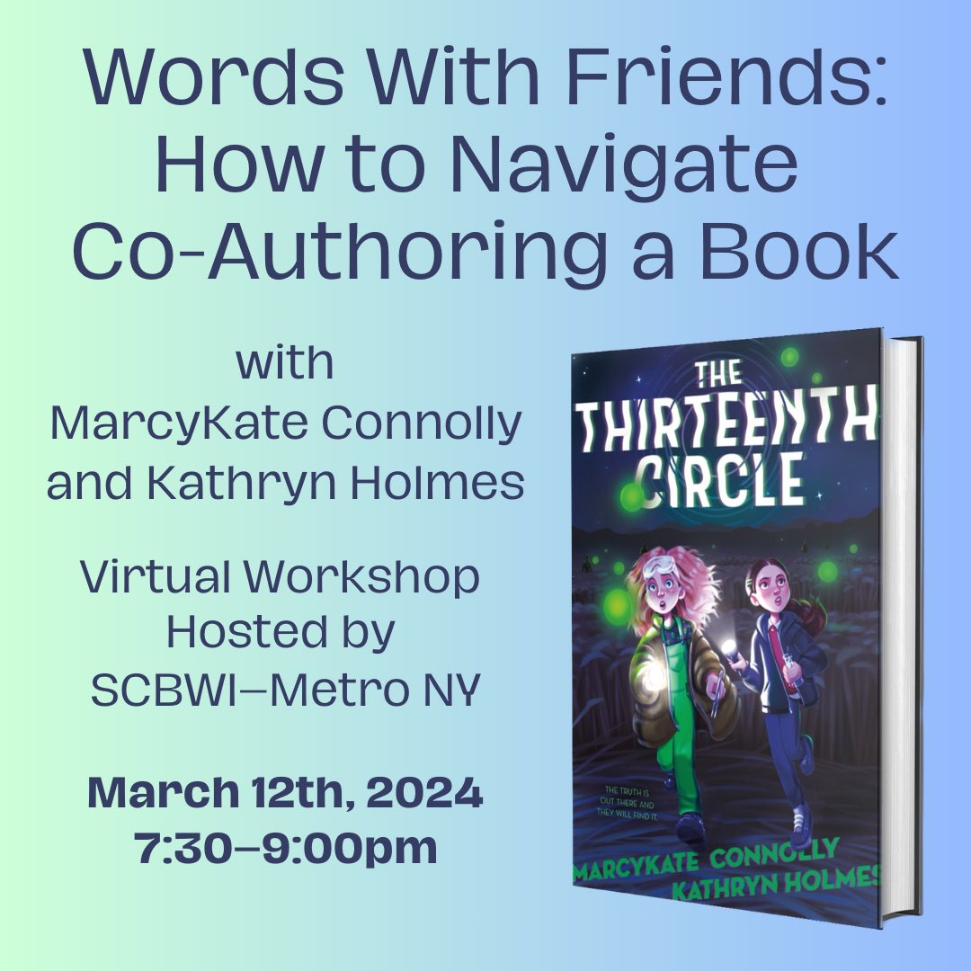 Virtual workshop alert! @MarcyKate and I will be talking all things co-authoring this Tuesday, 3/12, hosted by @SCBWIMetroNY! Link to register: eventbrite.com/e/how-to-navig… #writingtips #workshop #kidlit #virtualworkshop #AuthorLife #thethirteenthcircle
