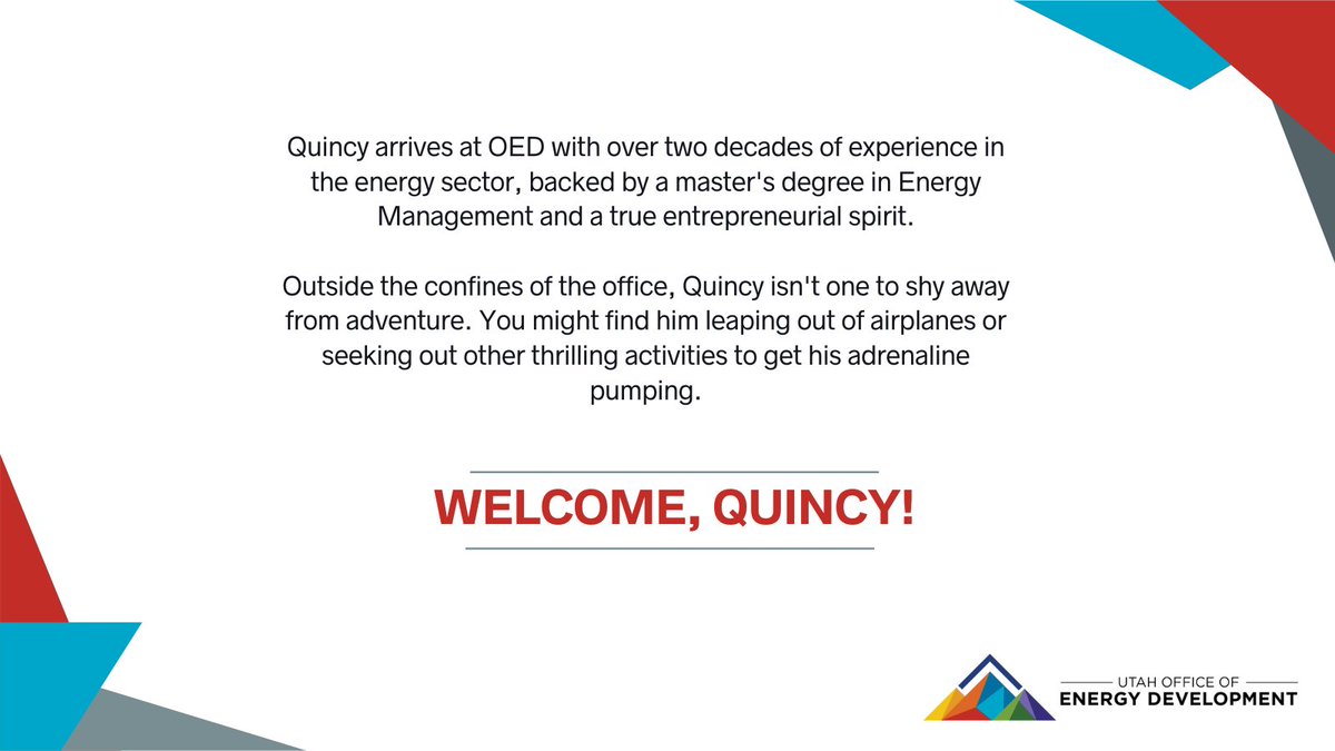 We've got some electric ⚡️ news to share: Quincy Chapman has joined the OED team as SEP Manager! Quincy has a strong 💪 background in energy and an entrepreneurial spirit. Utah, get ready to elevate your energy game with our unstoppable team! #EnergyJobs #Utah #programmanagement