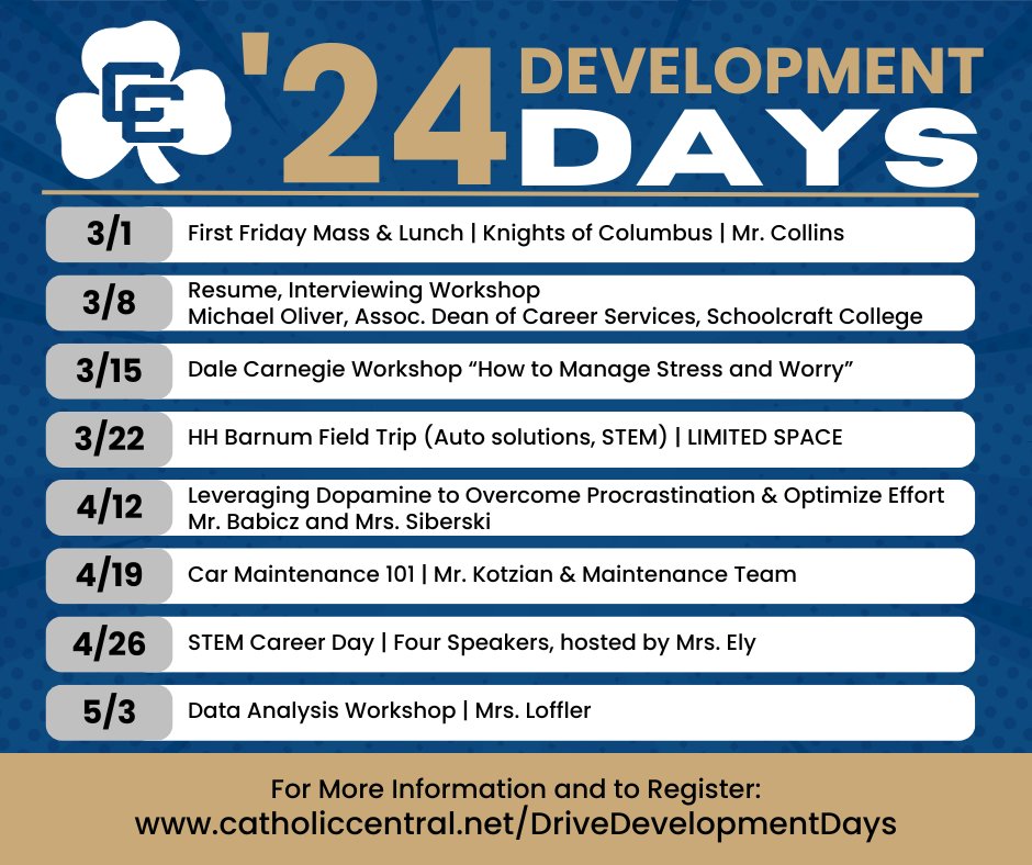The Catholic Central DRIVE Development Day series brings professional learning opportunities to students across grade levels to hone their leadership skills and gain real-world experience. Register Here: catholiccentral.net/drivedevelopme…