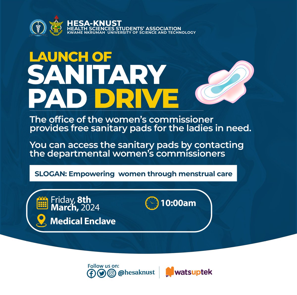 hesaknust's tweet photo. Join us tomorrow at 10:00am at the Medical Enclave as we launch Sanitary Pad Drive, an initiative to provide free sanitary pads for the ladies when the need be.

"Empowering Women through menstrual care"

#AfaPapa
#KeepMoving
#AStepFurther https://t.co/fTGdAEl773