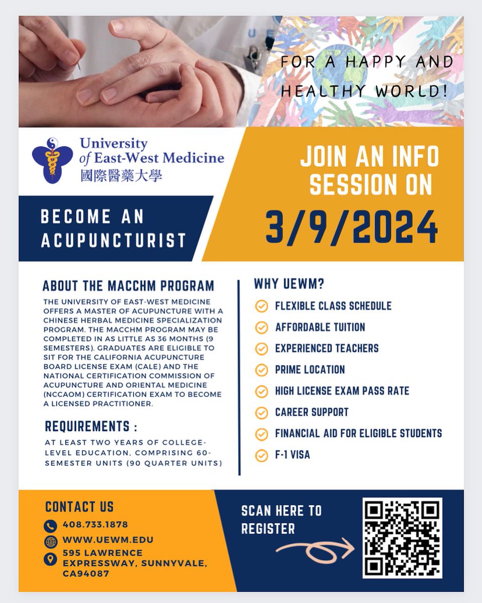 UEWM's tweet photo. Join us this Saturday to learn how to enroll in the Master of Acupuncture with a Chinese Herbal Medicine Specialization (MAcCHM) program, and take interesting classes like Herbology, Acupuncture, Taiji, Qigong, and TCM philosophy. 

Registration link: https://t.co/2xgXYM9wsd https://t.co/C9YogHqysC