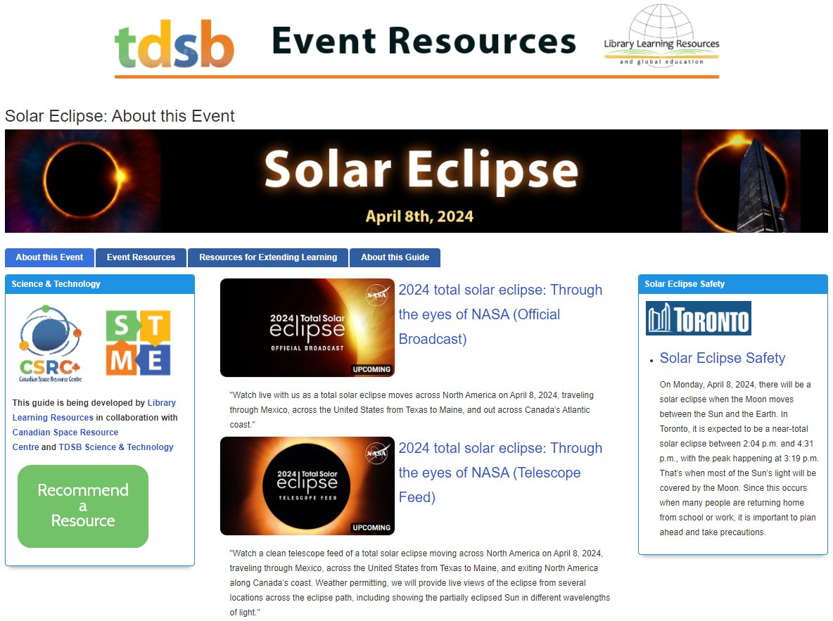 The Solar Eclipse is only one month away! Check out this resource guide by @TDSBLibrary @TDSB_STEM @cdnspaceguy @tdsbTR @tdsbVL: tdsb-on-ca.libguides.com/SolarEclipse