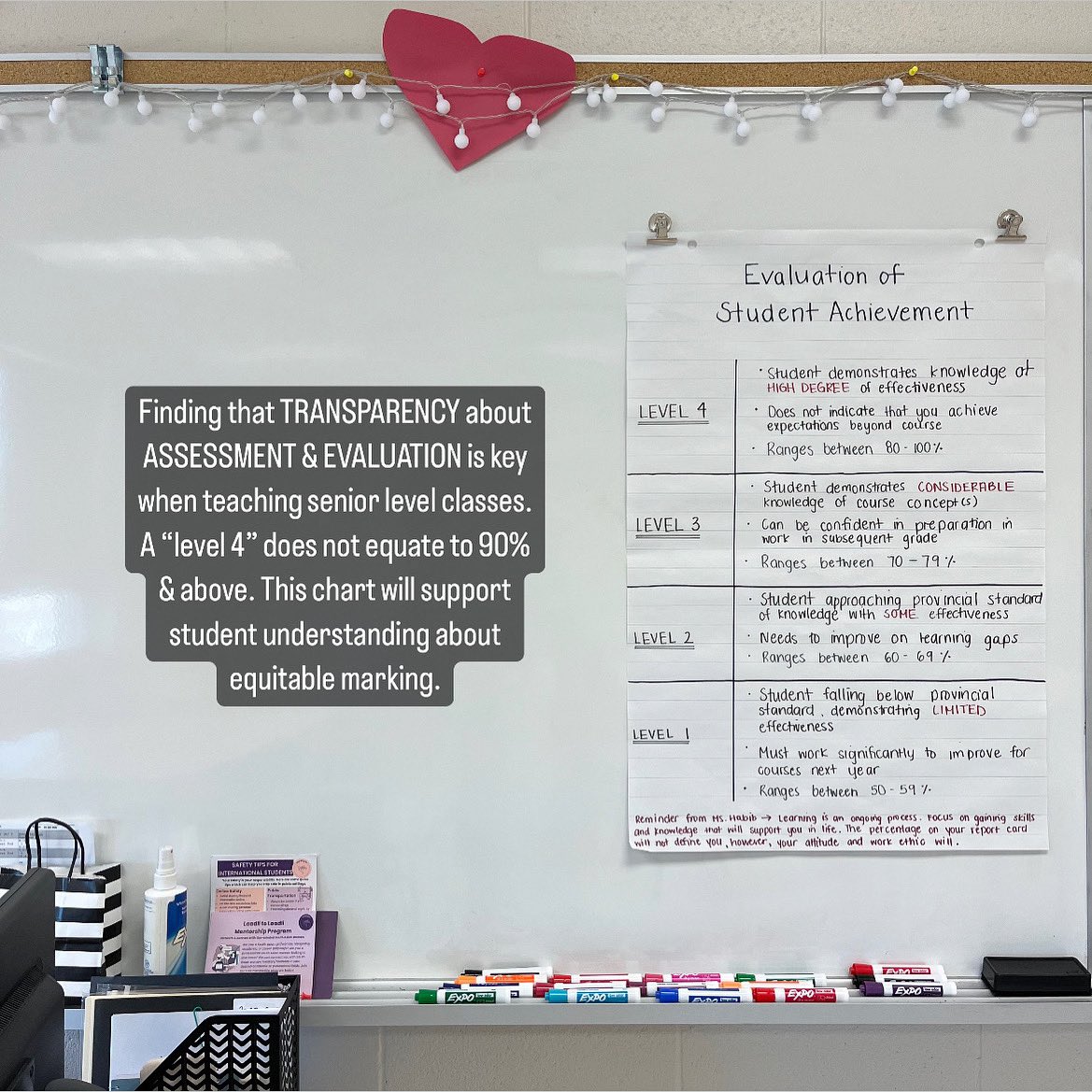 Left the students a msg at the bottom that I consider equally important - “Learning is an ongoing process. Focus on gaining skills and knowledge that will support you in life. The percentage on your report card does not define you, however, your attitude and work ethic will.”