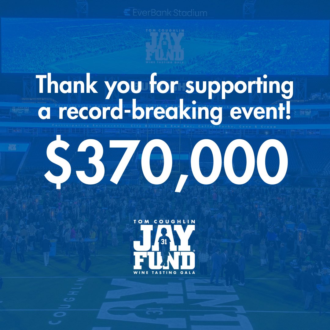 BREAKING NEWS: Through your efforts, we were able to surpass our previous record by raising a total of $370,000 for the evening! Thank you to everyone who showed up to support families tackling childhood cancer at the 20th Annual Tom Coughlin Jay Fund Wine Tasting Gala. 💙