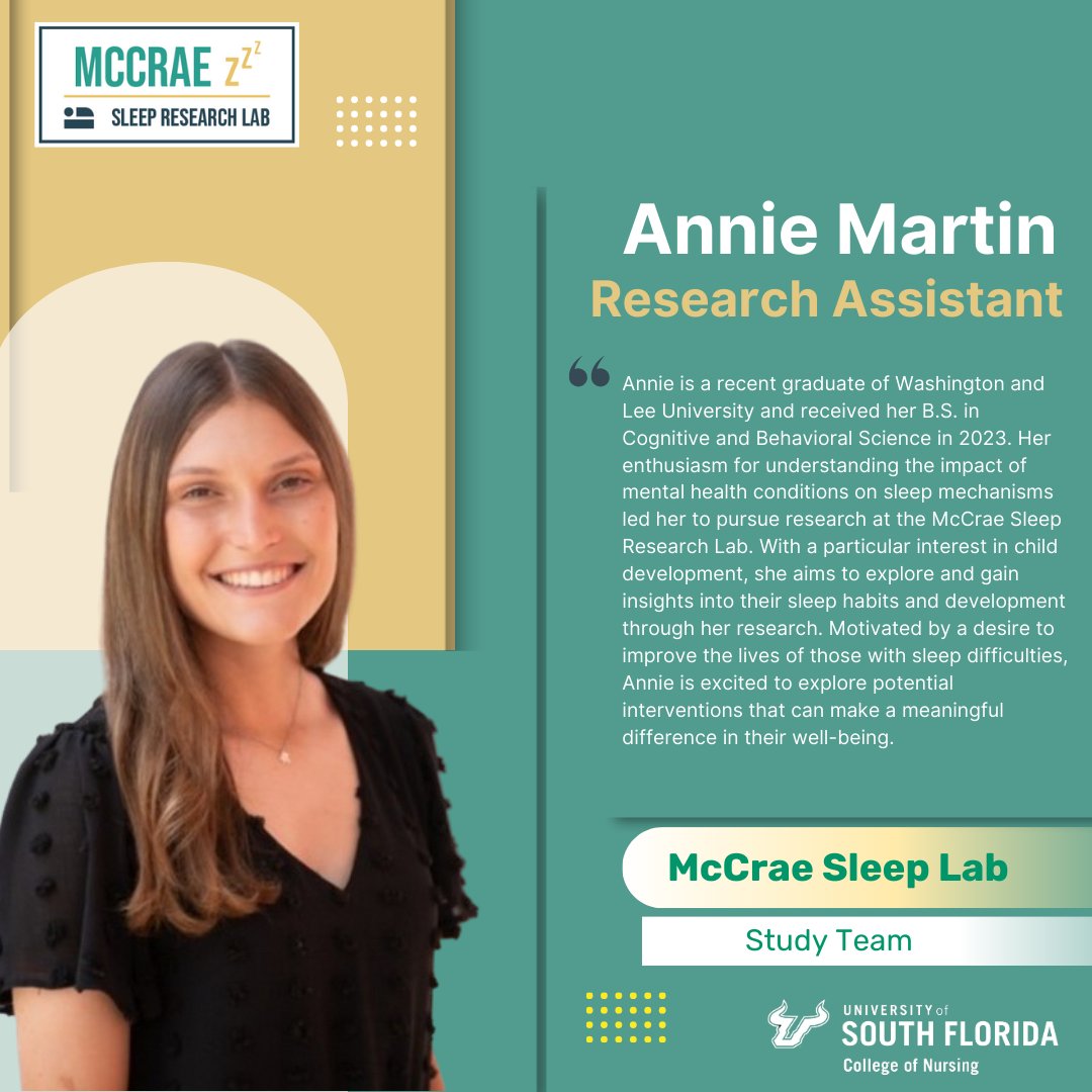 McCrae Sleep Research Lab (@mccraesleep) on Twitter photo Another well-known name among participants is Annie, who serves as our most experienced research assistant. She is particularly interested in the development of children, and via her research, she hopes to learn more about their sleeping patterns and overall growth. <a href="/USFResearch/">USF Research</a> Another well-known name among participants is Annie, who serves as our most experienced research assistant. She is particularly interested in the development of children, and via her research, she hopes to learn more about their sleeping patterns and overall growth. <a href="/USFResearch/">USF Research</a>