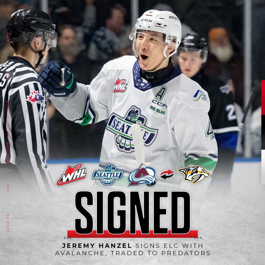 TheWHL's tweet photo. Earlier today, veteran defenceman Jeremy Hanzel inked an entry-level contract with the @Avalanche, before being traded to the @PredsNHL. 

@SeattleTbirds | #Preds https://t.co/zyC059kFhr
