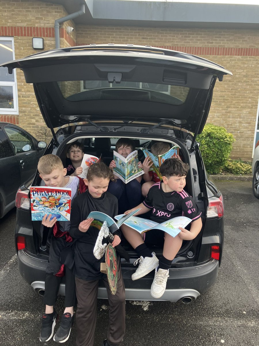 World Book Day 2024 📚 Extreme reading challenge accepted ☑️ the children had so much fun exploring different places to read their books today, especially jumping inside staff cars. #WorldBookDay #extremereadingchallenge @TheRowansAP