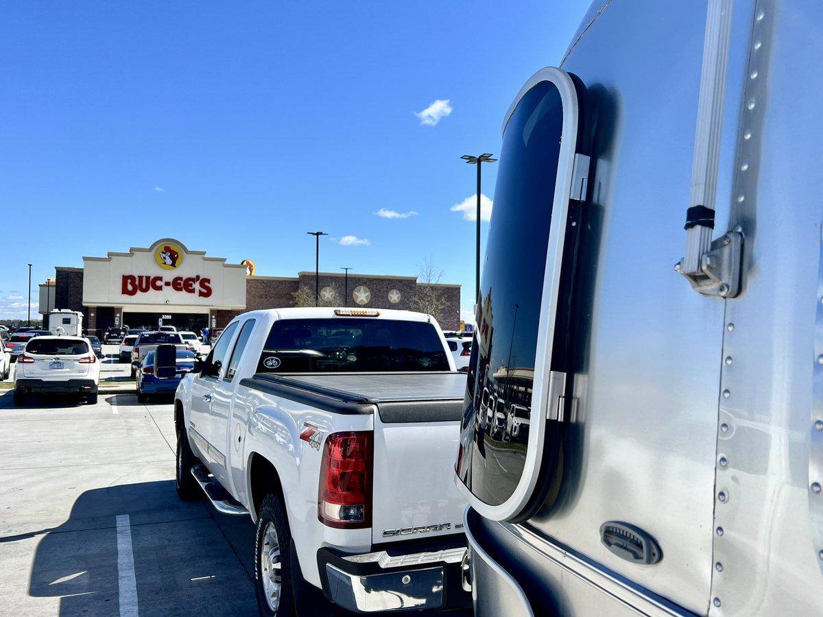 We’re back on the road again.  No road trip would be complete without a stop at Buc-ees for some jerky and BBQ sandwiches. #airstream #BBQ #rvtravel #roadtrip.