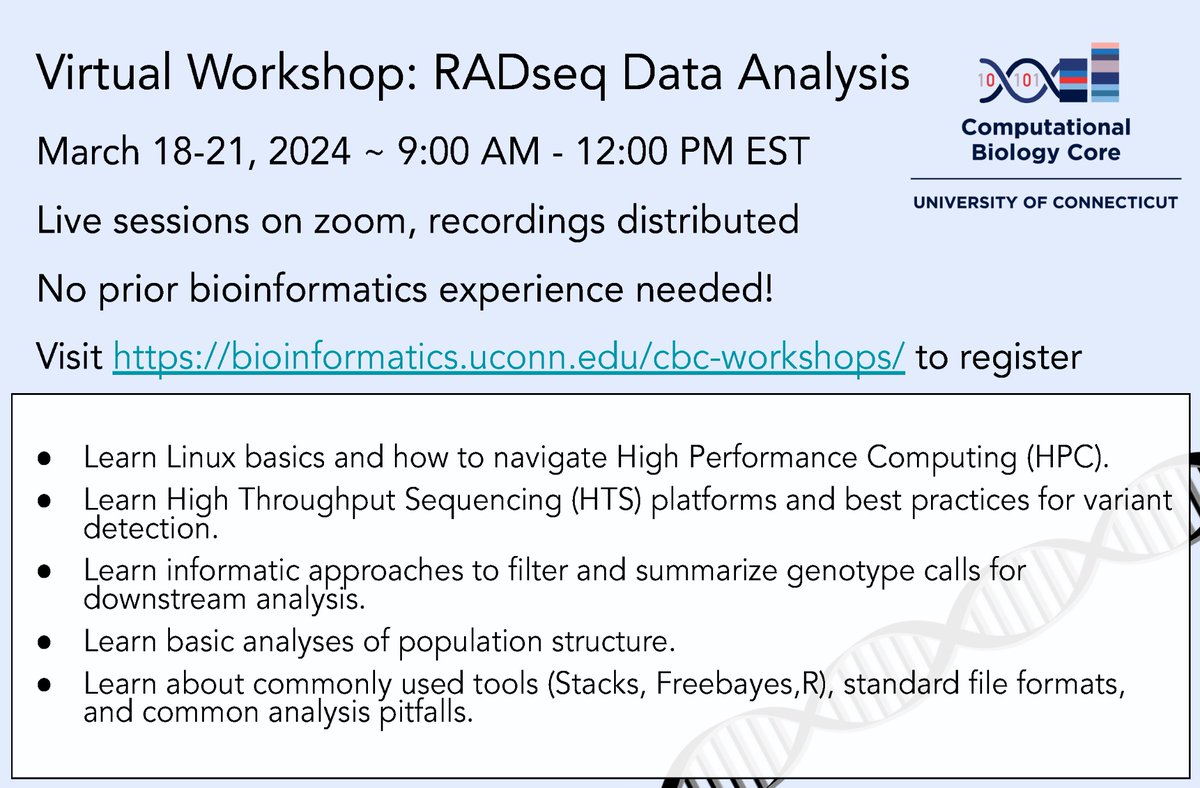 @UConn_Bioinfo is offering virtual #RadSeq #ddRAD analysis training March 18th-21st - Join us online (real instructors) - Training in #Stacks, #Freebayes, @rstatstweet - best practices in #variant detection and basic population assessments @UConnResearch bioinformatics.uconn.edu/cbc-workshops/