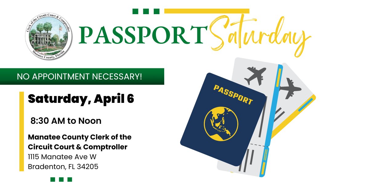 🌍Our Passport Saturday event is happening on Saturday, April 6, from 8:30 a.m. to noon. Click here for event details: manateeclerk.com/clerks-news/20…