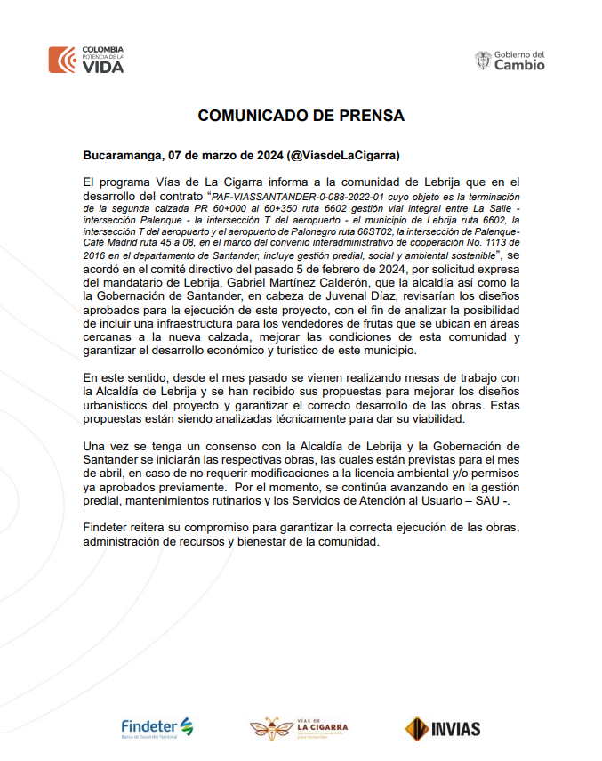 ViasdeLaCigarra's tweet photo. #ComunicadoDePrensa | Le informamos a los medios de comunicación y a la comunidad en general en qué va el contrato de terminación de la doble calzada a Lebrija.

@InviasOficial @Findeter @ANI_Colombia @GobdeSantander @AlcaldiaBGA @LebrijaAlcaldia https://t.co/xDi3Bd122c
