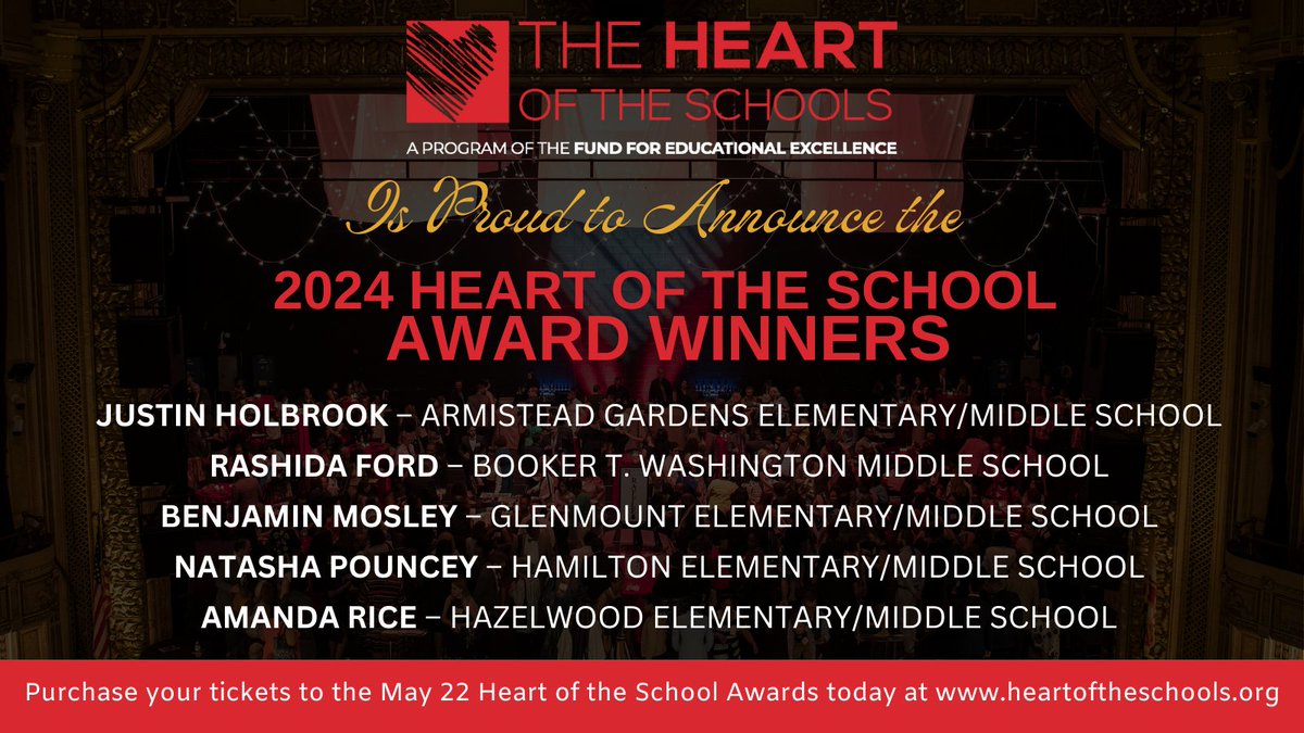 TheFundBaltimore (@thefundbalt) on Twitter photo We're thrilled to announce the Winners of the 2024 Heart of the School Awards - <a href="/justincholbrook/">Justin Holbrook</a>, Rashida Ford, <a href="/BenMosley17/">Ben Mosley, Ed.D.</a>, Natasha Pouncey, and <a href="/Aprice01P/">Amanda P. Rice</a>!
Learn more about the Heart of the School Awards & purchase tix for the 5/22 celebration at heartoftheschools.org We're thrilled to announce the Winners of the 2024 Heart of the School Awards - <a href="/justincholbrook/">Justin Holbrook</a>, Rashida Ford, <a href="/BenMosley17/">Ben Mosley, Ed.D.</a>, Natasha Pouncey, and <a href="/Aprice01P/">Amanda P. Rice</a>!
Learn more about the Heart of the School Awards & purchase tix for the 5/22 celebration at heartoftheschools.org