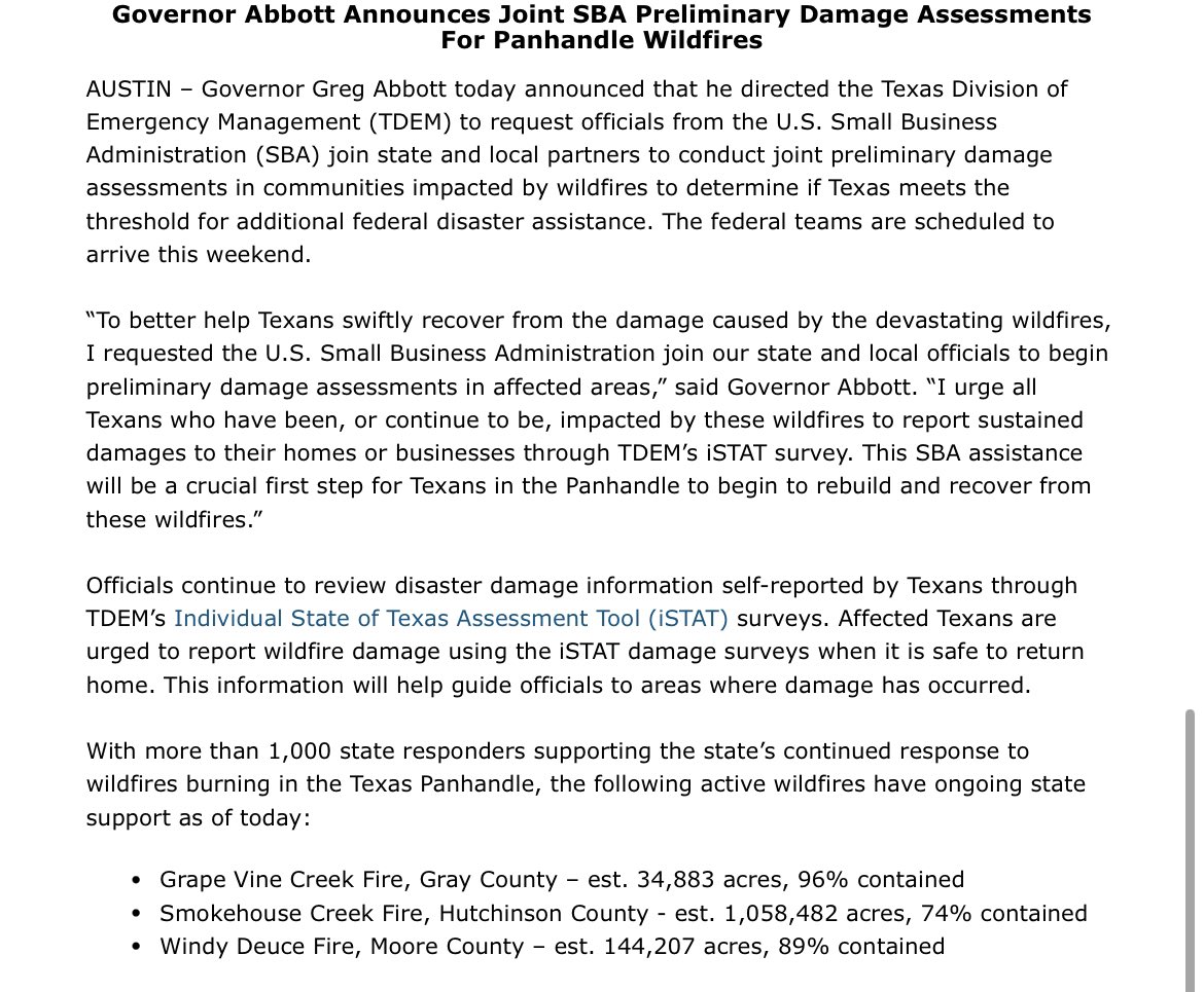 Requested @SBAgov to join Texas officials to begin preliminary damage assessments in areas affected by wildfires. All Texans who have been, or continue to be, impacted by these wildfires are urged to self-report damages through @TDEM’s iSTAT survey. bit.ly/3TrLkM0