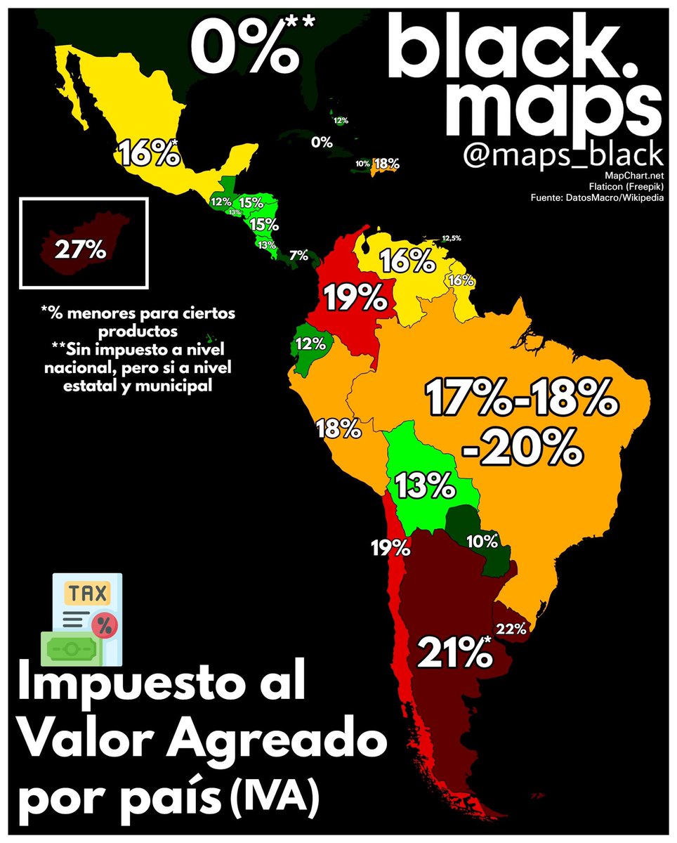 maps_black's tweet photo. Impuesto al Valor Agregado por país (IVA) https://t.co/CDAYCdTse5