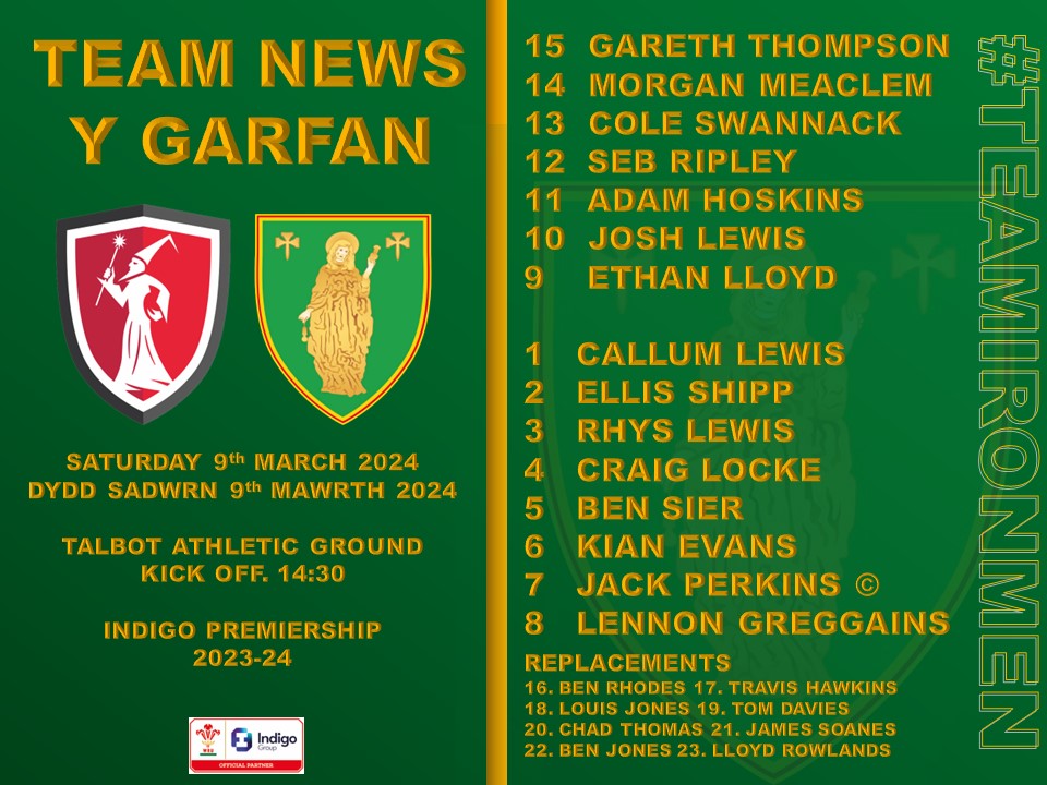 #TeamNews

Our #Ironmen23 ahead of this weekend's trip to the Talbot Athletic Ground to face the #Wizards

Congratulations <a href="/Jack_Perkins7/">Jack Perkins</a> who captains the side from #7 🤙🏻

@AberavonRFC
📆 9th March '24
🕐 14:30
📍 Talbot Athletic Ground 
🏆 Indigo Premiership 

#TeamIronmen🖤💚💛