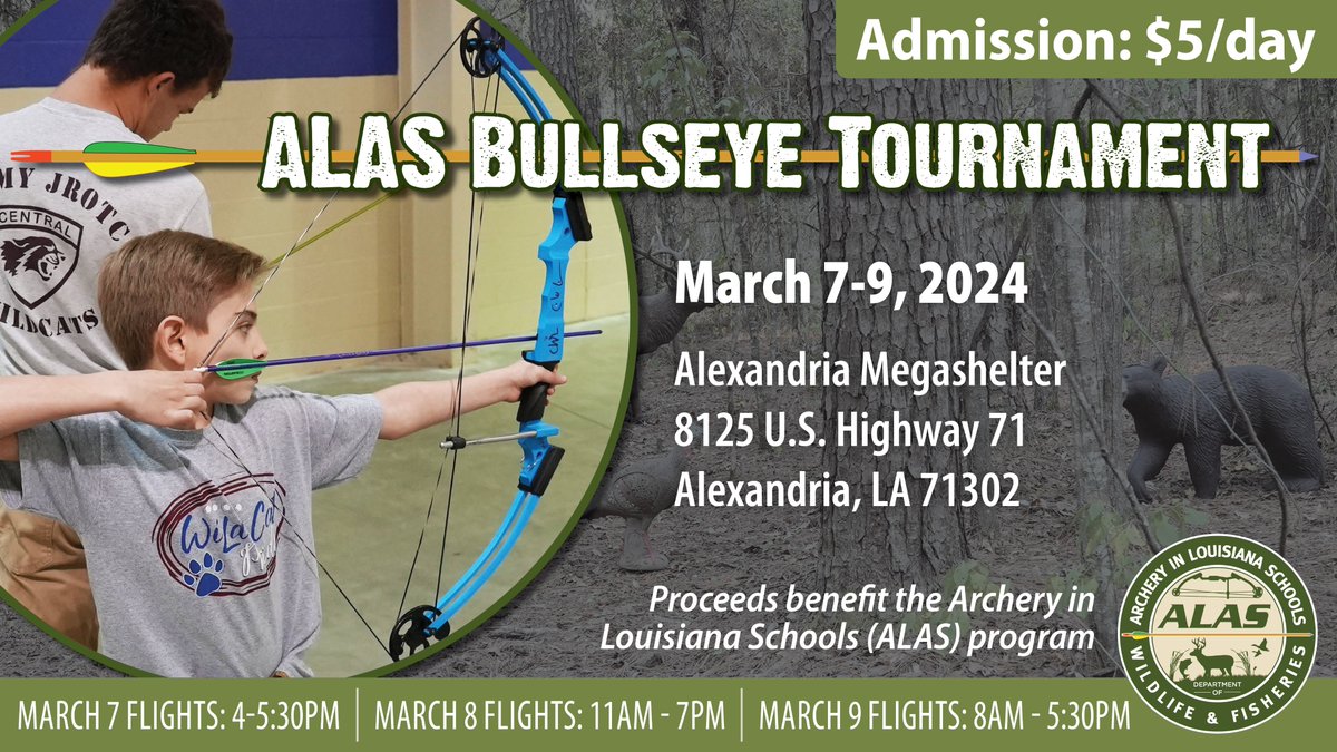 More than 1,500 top school archers from across the state will compete for trophies and scholarships this Friday and Saturday in the 2024 ALAS State Championship at the Alexandria Megashelter, located at 8125 US Hwy 71. The public is welcome to attend! Full-day admission is $5.