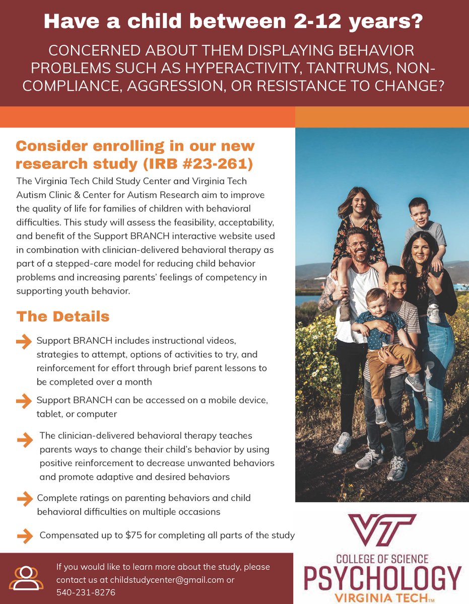 Have a child between 2-12 yrs old? Concerned about them displaying behavior problems?  Our new study  includes instructional videos, strategies to attempt, activities to try and reinforcement for effort through month-long, brief parent lessons. See flyer to learn more.