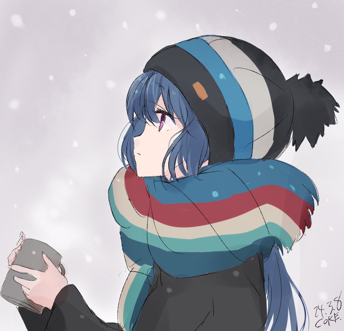 shima rin 1girl solo blue hair scarf hat holding multicolored clothes  illustration images