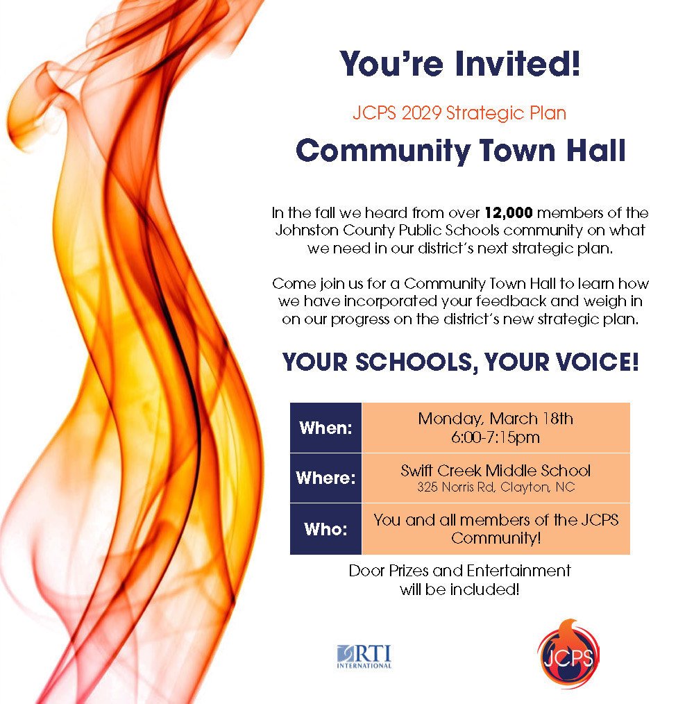 JCPS wants your feedback on its next Strategic Plan.

Join us on Mon, Mar. 18, from 6:00-7:15 pm at Swift Creek Middle to learn how we have incorporated community feedback, preview the district’s new vision, mission, values, and goals, and engage in discussions!

See you there!