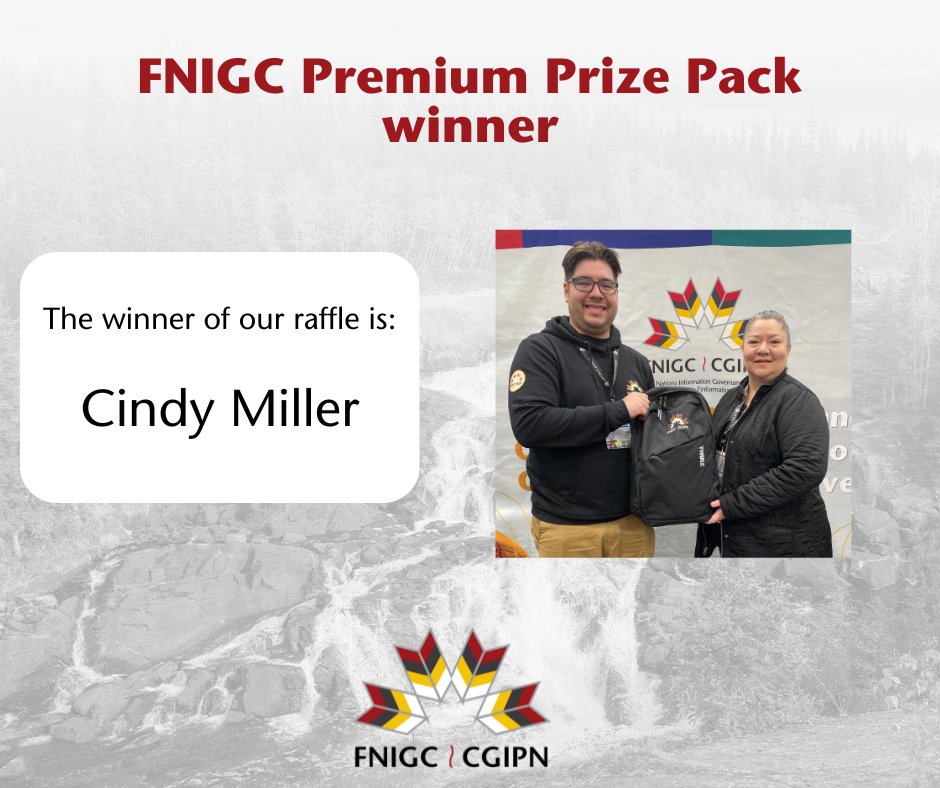 Congratulations to the winner of our Premium Prize pack, Cindy Miller! Cindy walks away from the #AFOA2024 national conference with: - an FNIGC THULE backpack, - an FNIGC hoodie, - a FNIGC water bottle, - a FNIGC notebook - and an OCAP® tumbler Thanks for stopping by!