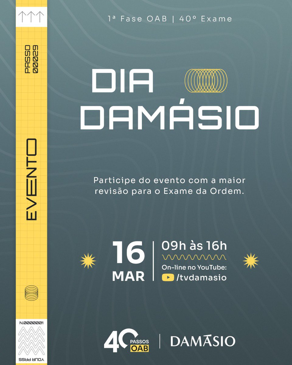🎙️DIA DAMÁSIO: OAB 40! ⚖️

📢O evento mais esperado está chegando: Vem aí o Dia Damásio – 40° Exame.

⚖️Nesta edição, o evento vai ser realizado na modalidade online.

📅 Data: 16/03/2024
🕙 Horário: 09h às 16h
🖥️Local: Youtube TV Damásio.