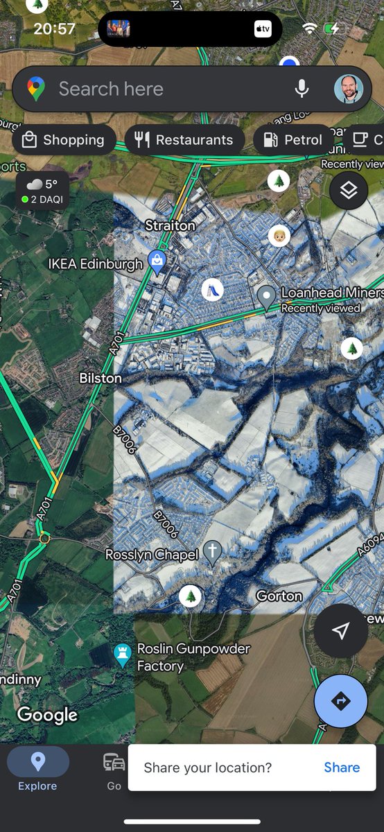 itisJames's tweet photo. @googlemaps A large area to the south of Edinburgh, Scotland is suddenly appearing covered in snow on the satellite images. Is there a way to have this reverted, as it makes them much harder to view. It affects Loanhead, Lasswade, Roslin, Bonnyrigg and Dalkeith. https://t.co/DkqRTA0ECY
