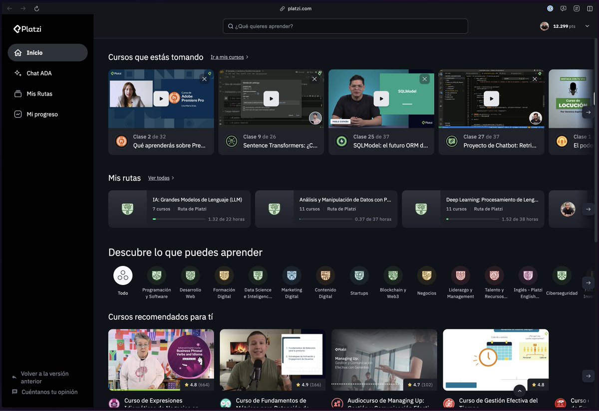 UnMalNick's tweet image. El equipo de producto de @platzi acaba de lanzar un nuevo home para estudiantes, tomando en cuenta el feedback del último release que hicimos en octubre y una serie de experimentos que corrimos desde entonces.

Go test it!