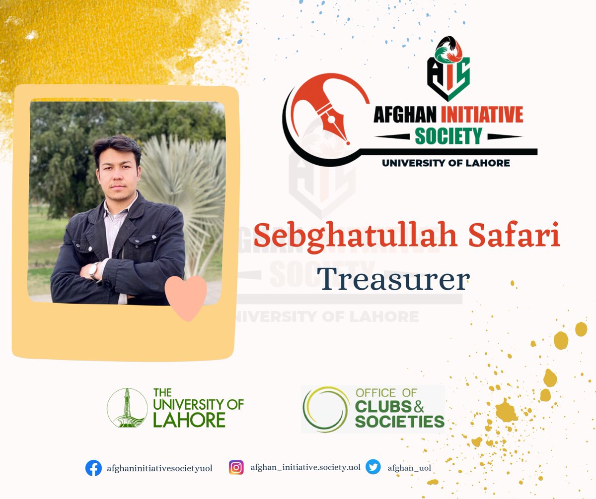 afghan_uol's tweet photo. We are delighted to introduce Sebghatullah Safari as the new Treasurer of Afghan Initiative Society UOL! Sebghatullah is a seventh semester student of International Relations and Politics at the School of Integrated Social Sciences (SISS). https://t.co/Tw3xJp4Qnj