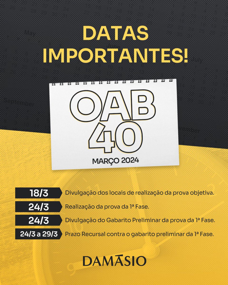 📅SAVE THE DATE!⚖️

🤓Fique ligado nas principais datas da OAB e comece a se organizar para os próximos eventos.

📃Conheça a data para divulgação dos locais de prova da 1ª Fase do 40º Exame da Ordem e confira as próximas etapas importantes do certame.
