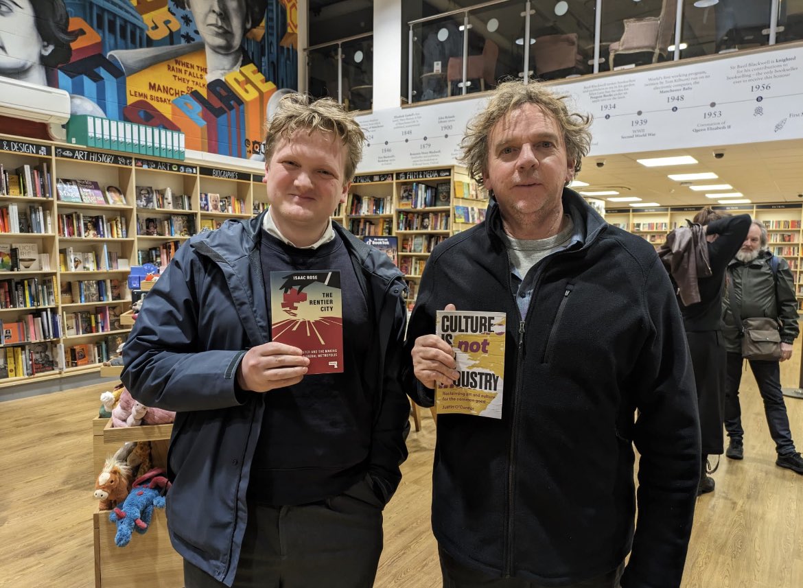 Huge thanks to Isaac Rose, Justin O’Connor and host Abi Gilmore for a brilliant event tonight discussing the creative industries and the Manchester regeneration machine. Signed copies of THE RENTIER CITY and CULTURE IS NOT AN INDUSTRY will be available instore from tomorrow!