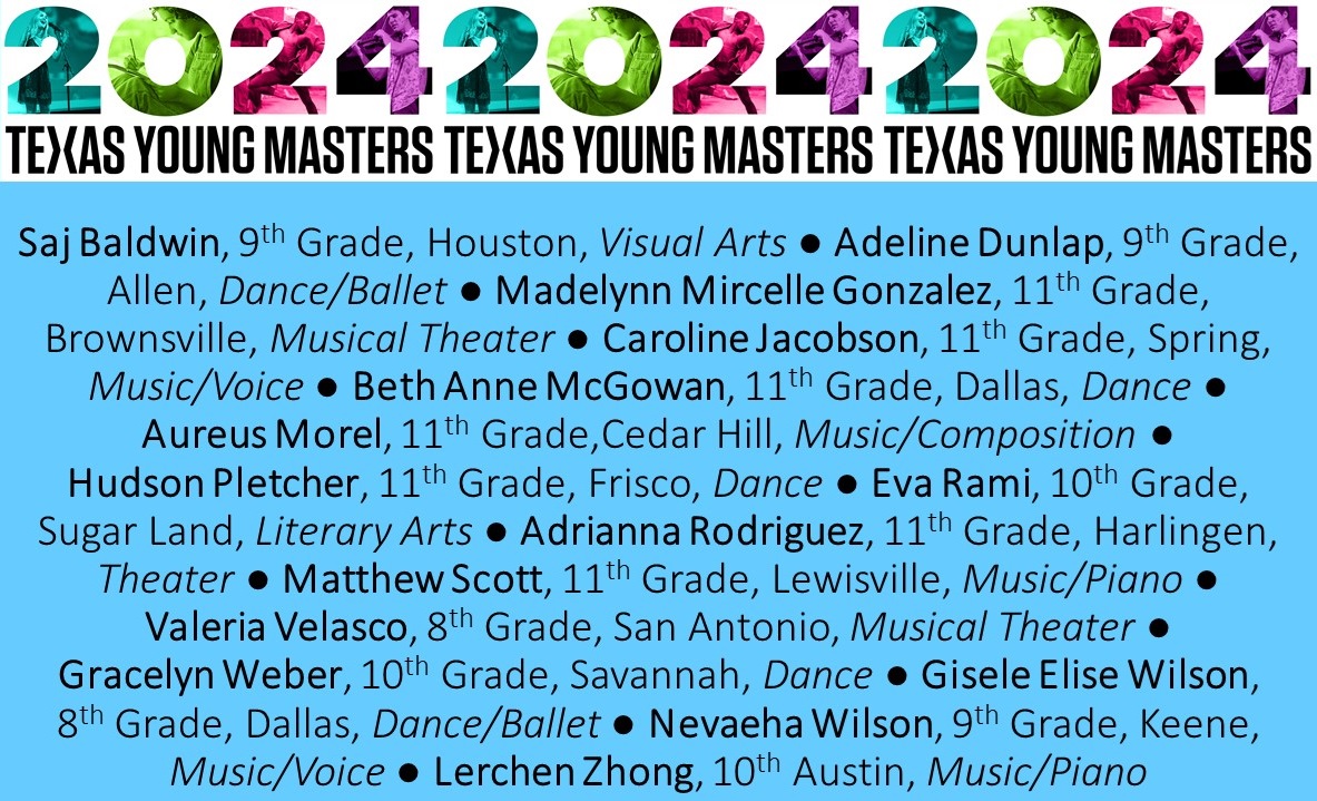 This morning, TCA Commissioners approved the 2024 class of 15 Young Masters! Young Masters provides exemplary students in grades 8-11 with $10K to pursue advanced study in their chosen art form, before college. More information is at arts.texas.gov/initiatives/yo….