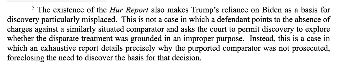 KlasfeldReports's tweet photo. In the classified documents case, Trump's lawyers cited the Hur report to argue that the former president is being selectively prosecuted.

Jack Smith cited it some 26 times to argue the opposite, such as in this footnote. #AlwaysReadTheFootnotes

Doc https://t.co/SDsbFJN2Np https://t.co/wsAKXp95iz