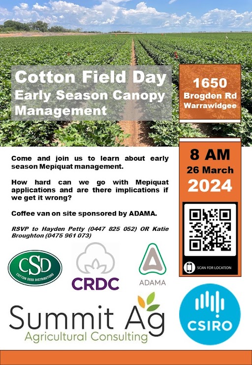 We have some great on-the-ground research this year looking at Mepiquat application rates and timings! Find out how hard you can go with <a href="/haydenpetty1/">Hayden Petty</a> and <a href="/CSIRO/">CSIRO</a> 's Katie Broughton - details below 
<a href="/csd_cotton/">CSD</a> 
<a href="/CottonResearch/">CRDC</a> 
<a href="/Adama_AU/">ADAMA Australia</a>