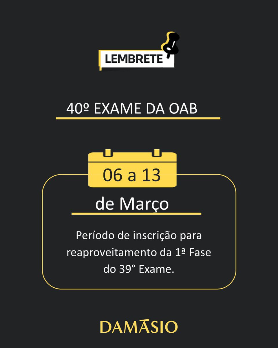🚨REPESCAGEM OAB – PERÍODO DE INSCRIÇÃO🚨

📝Esse recado é para você que vai fazer a Repescagem do 40º Exame. Nesta quarta-feira, 06/03, iniciam-se as inscrições para a prova.

📅O período de inscrição se dará das 17h do dia 06/03 às 17h do dia 13/03.