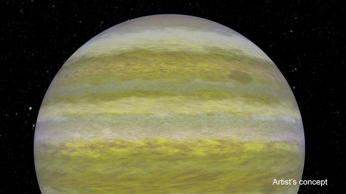 Illustration shows the upper two-thirds of a gas-giant planet, TOI-4600 c, that is similar to Saturn (minus the rings). Cloud bands alternate between light tan, yellow, and darker yellow verging on green.