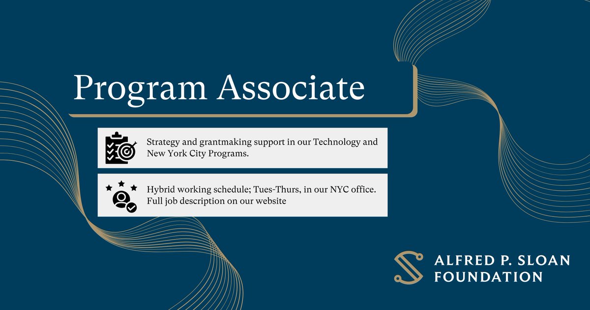 WE'RE HIRING! Program Associate position open in our Technology and New York City grantmaking programs. Full job description: sloan.org/about/careers#…