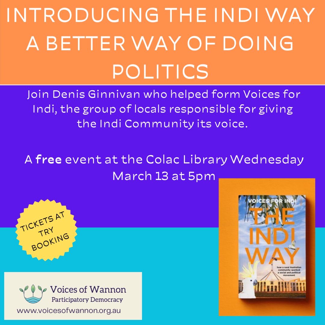 In Colac, SW Vic. The @VoicesForAu project chat about @VoicesforIndi ‘The Indi Way’ and rise of ’Voices’ groups around Australia. Putting local community voice at the heart of our politics. No party required. Come along, bring friends! ⁦@VoicesofWannon⁩ @adropex @dginnivan