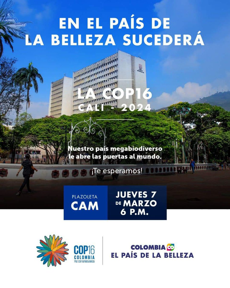 ¡Nos vemos en la Sucursal del Cielo! ✨ Únete a esta celebración de la biodiversidad y descubre por qué Cali ha sido la ciudad elegida para ser anfitriona de la #COP16Colombia, el evento mundial más importante dedicado a la biodiversidad. 🌎💚