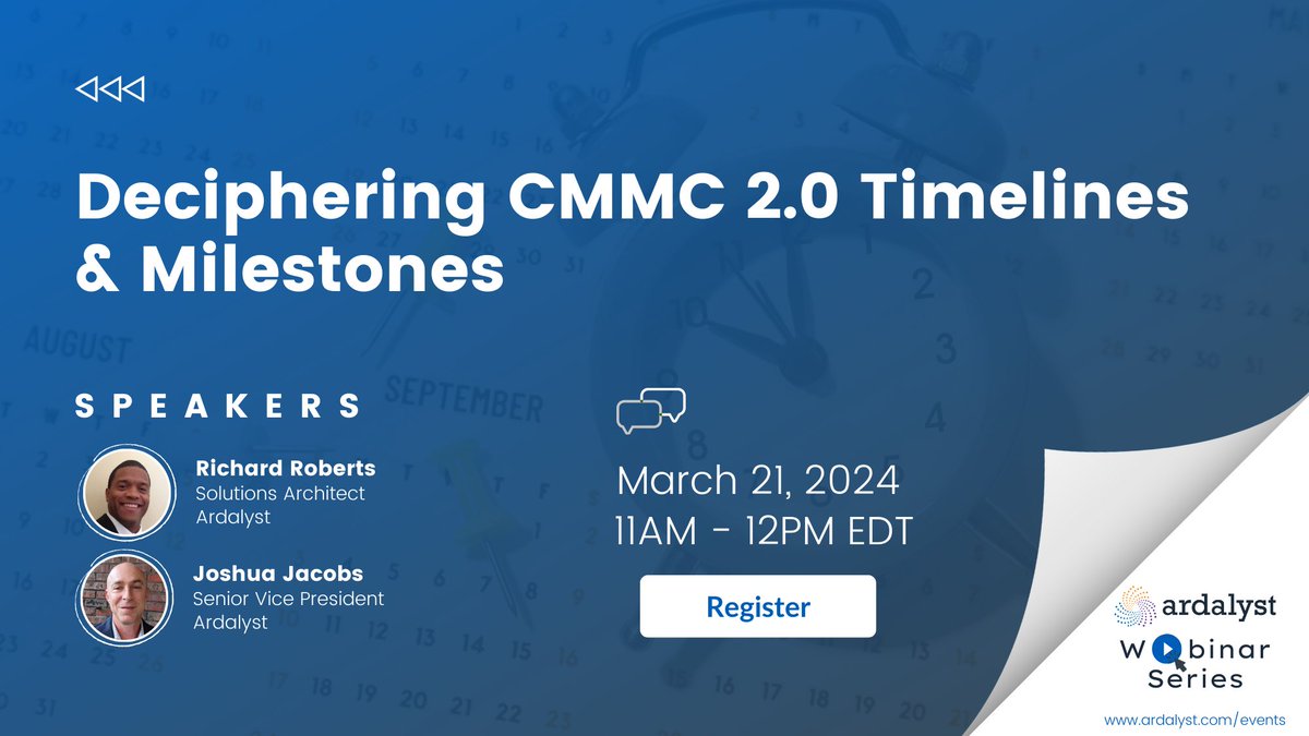 🚨 Exciting Webinar Alert: "Deciphering CMMC 2.0 Timelines &amp; Milestones" 🚨

What You’ll Learn:
💥Crucial CMMC 2.0 updates.
💥Mastering the timeline for success.
💥Preparing proactively for compliance.

🚀Register: bit.ly/3TonIbc

#CMMC #DefenseIndustry #Webinar