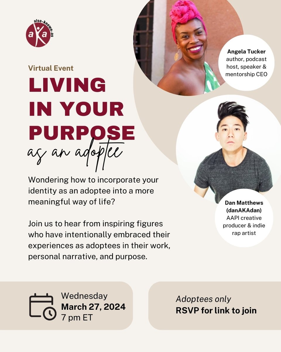Integrating our adoptee experiences into how we move forward in the world can be a challenging but rewarding shift. Learn how @angieadoptee <a href="/DANakaDAN/">Dan</a> have successfully woven their adoptee identity into professional &amp; personal progress.

👉👉 RSVP: forms.gle/sXtCgGfTxWCZYK…