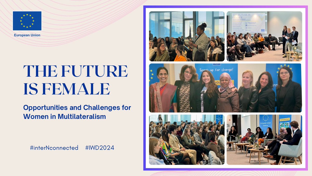 EU_UNGeneva's tweet photo. What a great way to kick off #IWD2024! Today female Ambassadors of 🇱🇾🇱🇰🇲🇼🇺🇸🇸🇻🇧🇴🇪🇺shared their personal stories of being a woman in diplomacy with trainees of International Geneva. A big THANKS for their inspiration, passion, advice & encouragement! #InterNConnected https://t.co/DXfunxPDPY