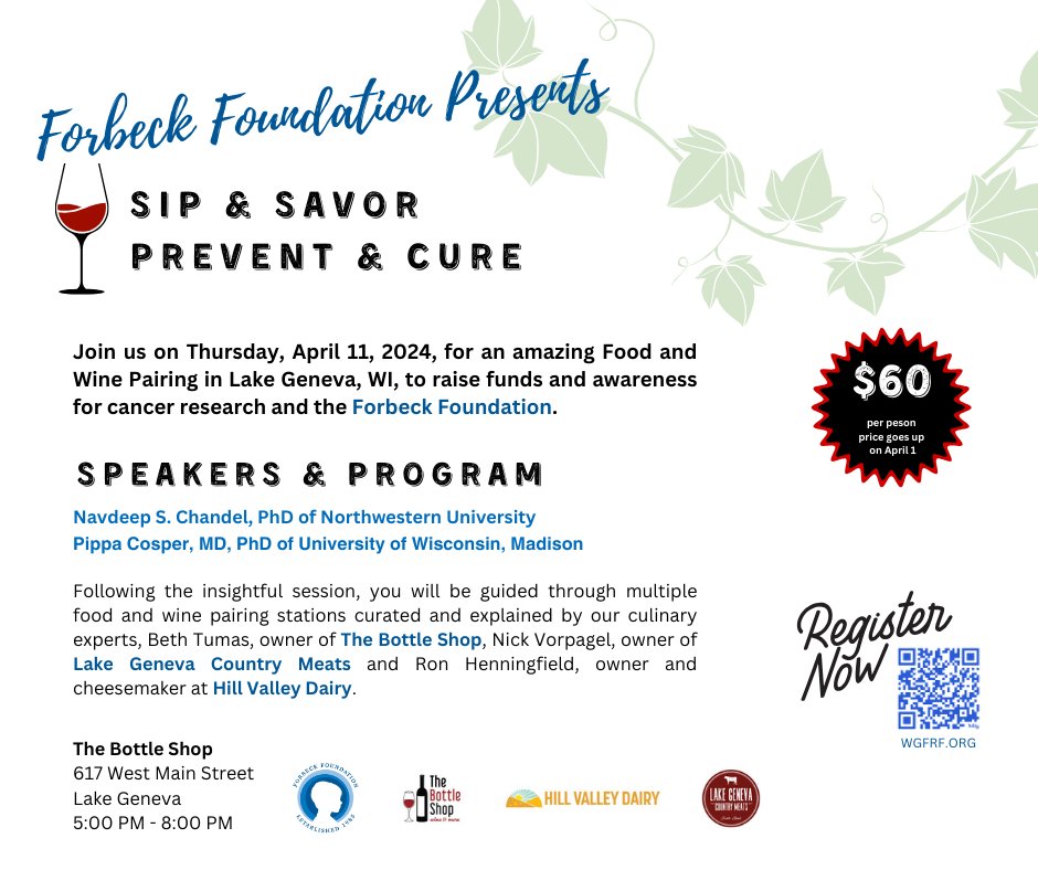 Join us on Thursday, April 11, 2024 at the Bottle Shop in Lake Geneva for an amazing Food and Wine pairing!  Learn more and sign up at wgfrf.org
