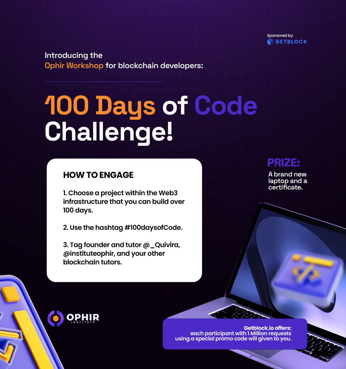I am embarking on 100 days of coding with <a href="/InstituteOphir/">OPHIR (Valley, toValue🥷)</a>, sponsored by
<a href="/getblockio/">GetBlock 🧊</a> 

I'm super excited
Thank you for the opportunity Boss <a href="/_Quivira/">Big Quiv 🔺💜🥷奎夫大帝🇶🇦</a> 

<a href="/InstituteOphir/">OPHIR (Valley, toValue🥷)</a> 
<a href="/getblockio/">GetBlock 🧊</a> 

#100DaysOfCoding #Getblockio #Unveiling #OphirInstitute