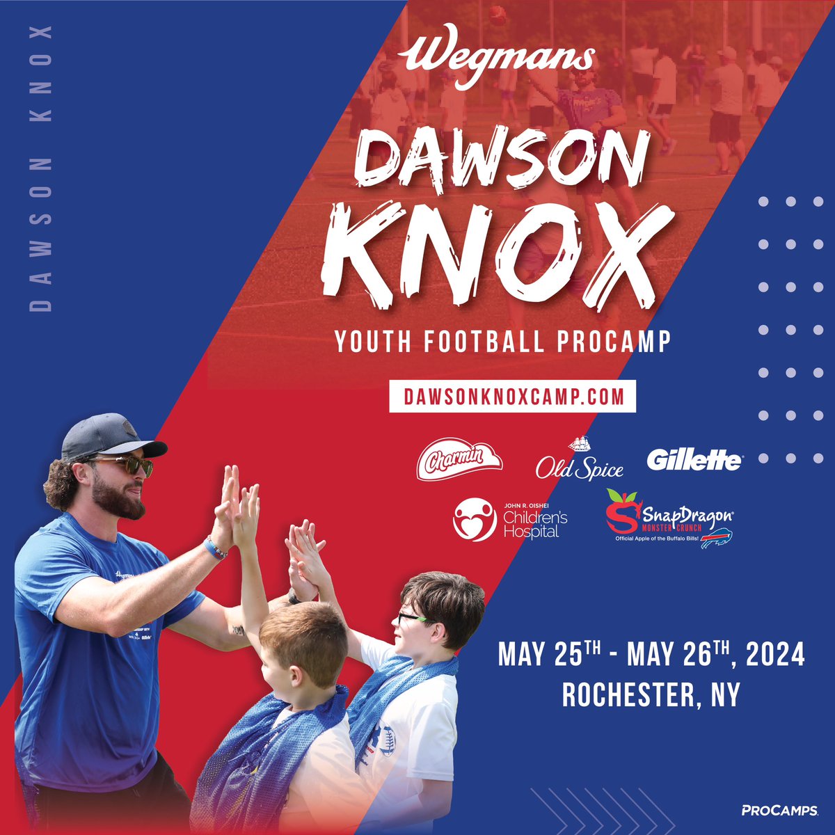 Excited to host my @Wegmans football @ProCamps in partnership with @proctergamble for the third summer in a row! The support has been incredible #BillsMafia!! Hope to see yall there again for the best year yet.   Visit DawsonKnoxCamp.com to secure your spot!🔒