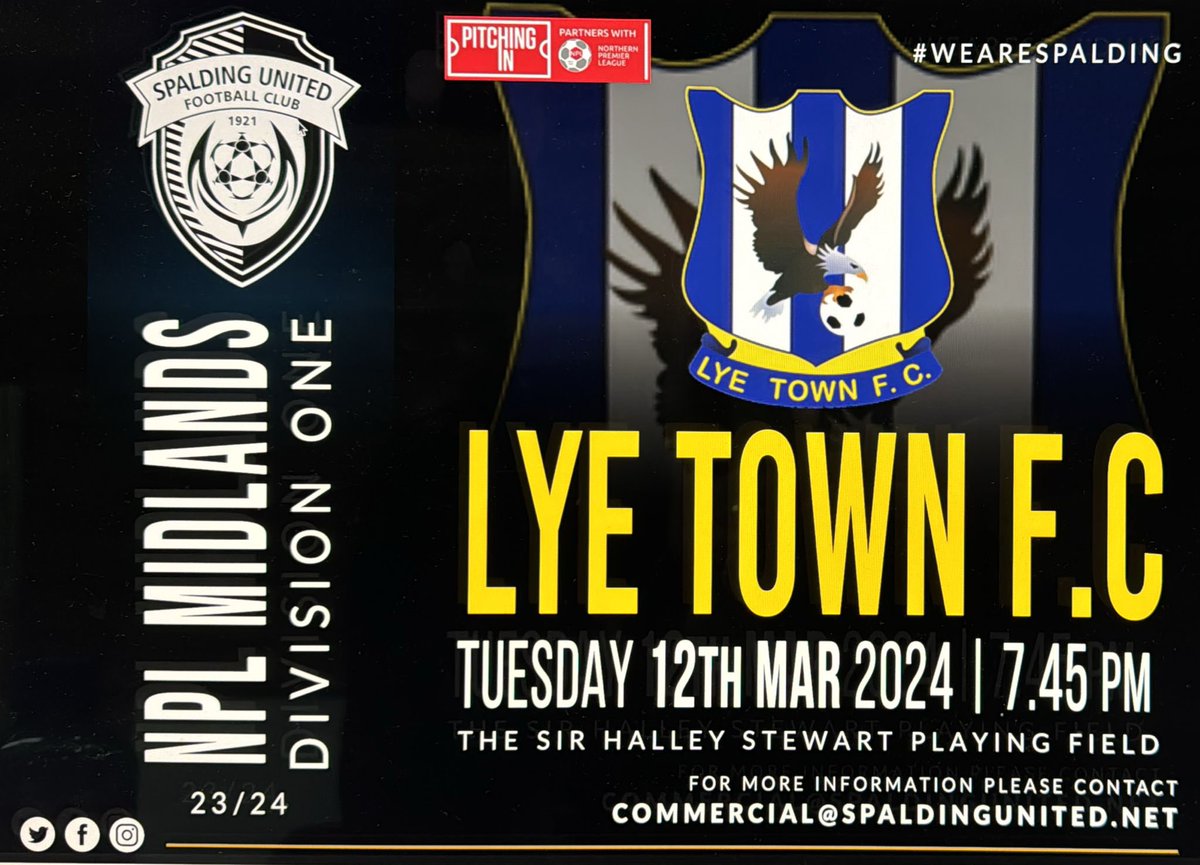🌷UPCOMING HOME FIXTURE🌷
  
🗓️ Tuesday 12th March         
🏆 <a href="/NorthernPremLge/">The Pitching In Northern Premier League</a> 
🆚  <a href="/lyetownfc1930/">Lye Town Football Club</a> 
🏟️ Sir Halley Stewart 
📍 Winfrey Avenue, PE11 1DA
⏰ K/O 7:45pm
🎟️ Adults £10 ▪️Concessions £5▪️U18 £2▪️U11’s Free▪️