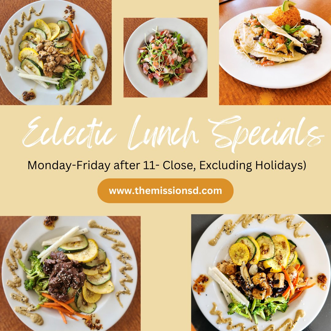 TheMission_sd's tweet photo. 🌟 Introducing our new Eclectic Lunch Specials at The Mission! 🌟Available Monday-Friday after 11 am until close (excluding holidays), these mouthwatering creations are perfect for satisfying your midday cravings #SanDiego #Breakfast #lunch #brunch #lunchSpecials #deals #yummy https://t.co/ngi7310e8I